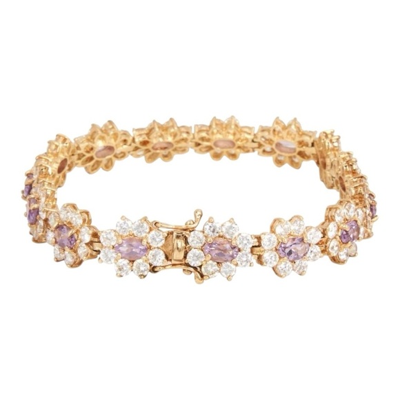 925 Stamped tennis bracelet. Purple and clear stones. 7” - Picture 7 of 15